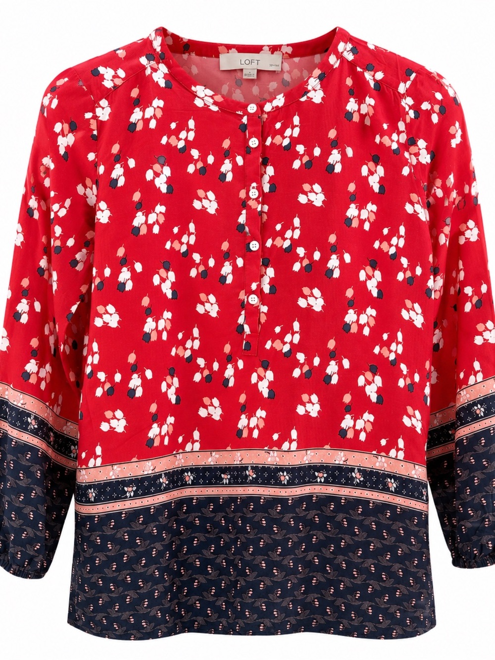 Ann Taylor Loft Petite Floral Border Print Button Blouse In Red & Navy Size SP